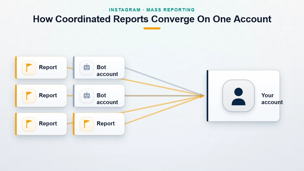 Diagram showing how Instagram ban services coordinate mass reporting across many fake accounts to flag one target.